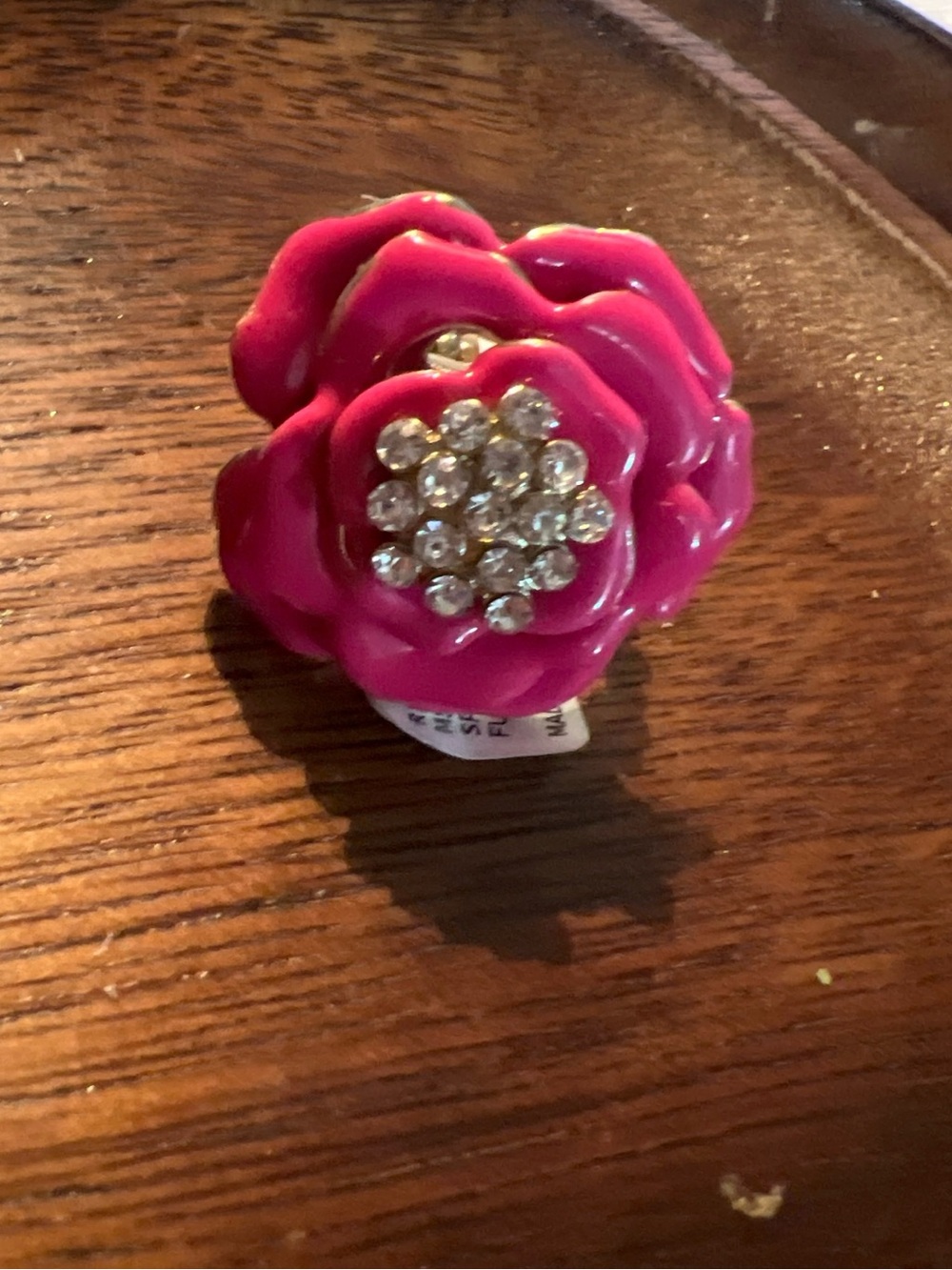 Pink Flower Cocktail Ring with Crystal Center